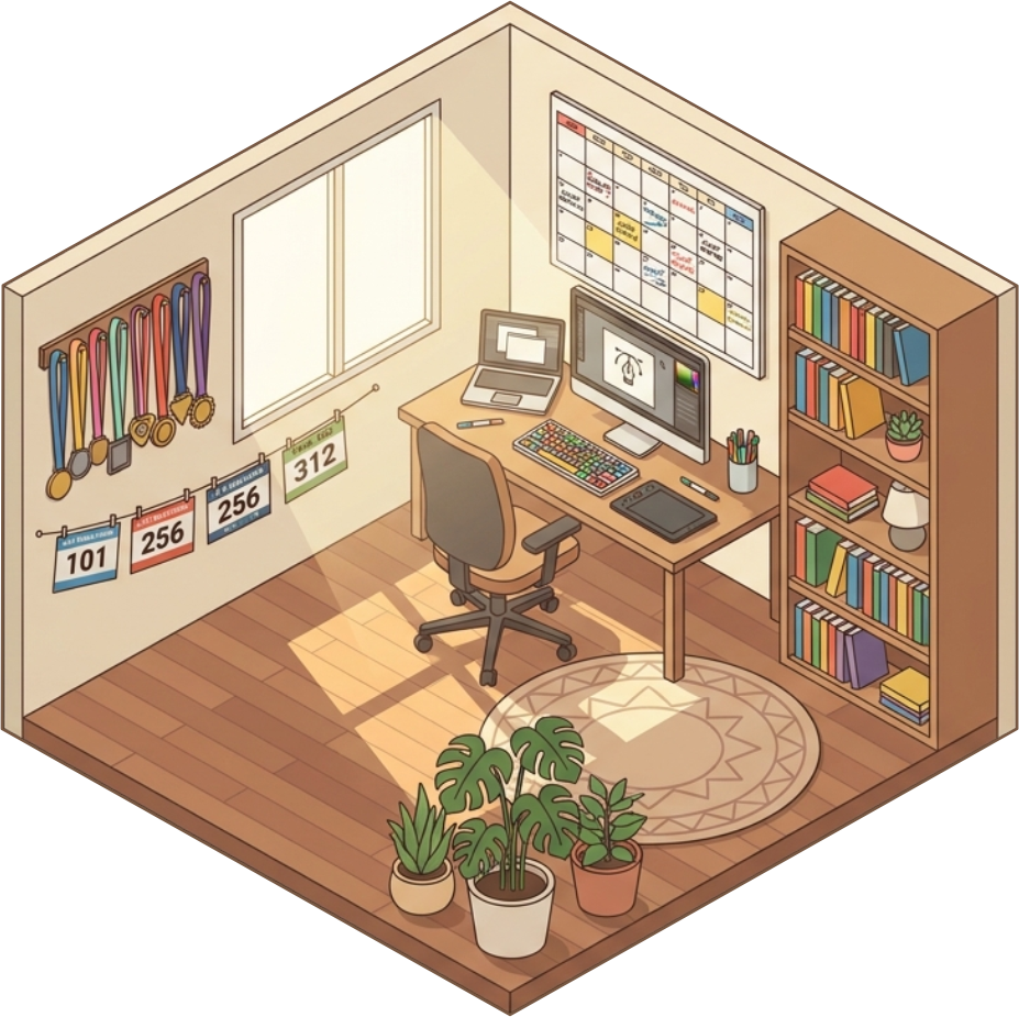 Isometric illustration of Imam's workspace — desk, bookshelf, medals, plants